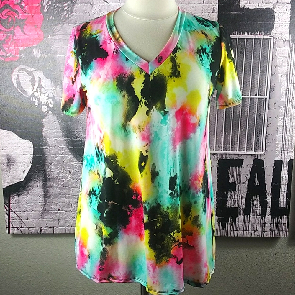 Heimish Yellow Tie Dye V Neck Top Sz 1X